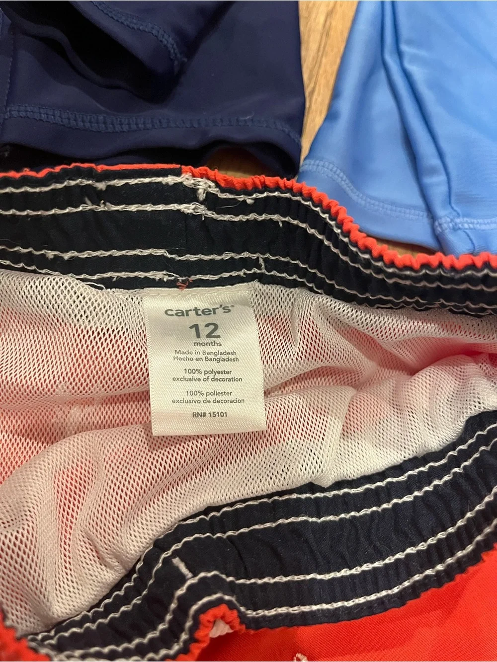 Bundle of 3 swim/sun 12 mos - swim trunk, zip up navy & light blue rash-guards
